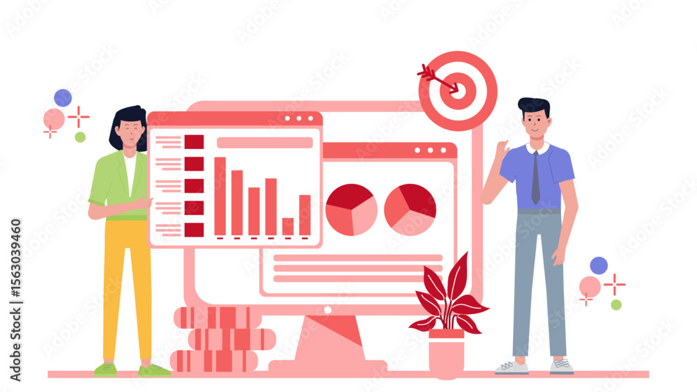 Poster two colleagues analyze data with charts and graphs, working towards a target. suitable for presentat