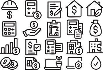 Collection of line icons related to construction, finance, and real estate, perfect for websites, apps, and presentations, offering a clean and modern design aesthetic.