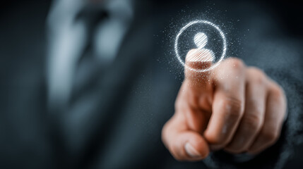 A businessman’s hand touching a user profile icon on a futuristic digital interface, representing user management, identity verification, and modern technology in business.