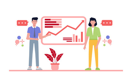 Two people demonstrate success with positive graph, ideal for business presentations, reports, financial blogs, and growth focused designs.