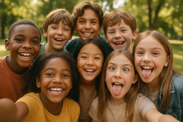 Obraz premium Diverse group of children smiling and laughing outdoors together in a park on a sunny day, showing friendship and happiness