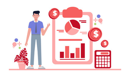 Man presenting financial data graphs and calculator. Suitable for finance presentations, reports, and articles on financial planning and investments.