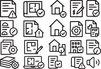 Collection of line icons related to construction, architecture, and building permits, perfect for websites or applications needing a clean and modern design aesthetic.