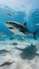 Obraz premium A great white shark swims gracefully over a sandy ocean floor, surrounded by smaller fish.