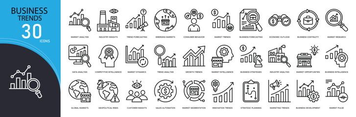 Business trends related icon collections. Containing growth, innovation, strategy, analytics, market, report, data, forecast, digital, and progress icons. Outline icons.