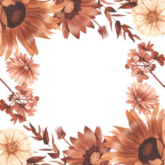 Flower frame from autumn bouquet in terracotta color watercolor illustration. Flower border from garden flowers sunflower, geranium, eucalyptus, gazania. Template for wedding invitation, autumn card