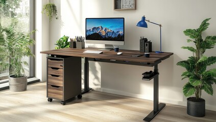 Modern home office setup with adjustable standing desk, desktop computer, plants, and file cabinet