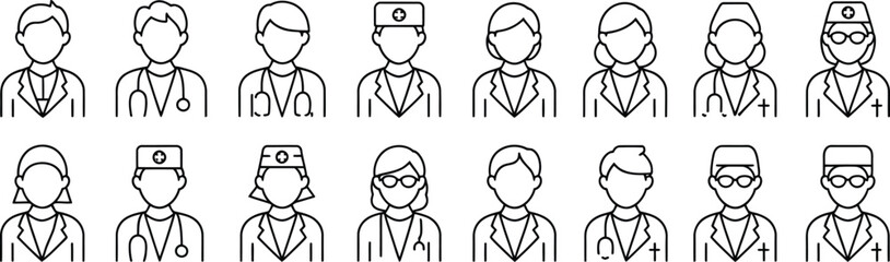 Doctor Avatar Collection Featuring Male and Female Medical Staff with Eyeglasses, Nurse Hats, and Stethoscopes in Line Style