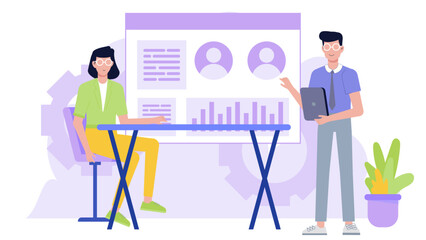 Two people presenting data graphs at a meeting, suitable for business presentations, finance reports, teamwork concepts, and data analysis visuals.