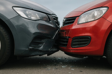 Close up of head on collision between gray and red cars on road showing front end damage and broken glass