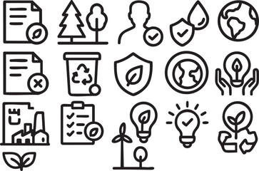 Collection of line icons related to ecology, sustainability, and green initiatives, perfect for websites, apps, and presentations needing eco-friendly imagery.