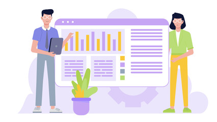 Two people discussing data graphs and text on a webpage, suitable for business presentations, marketing materials, and educational content.