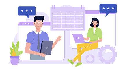 Illustration shows two people video conferencing with a calendar