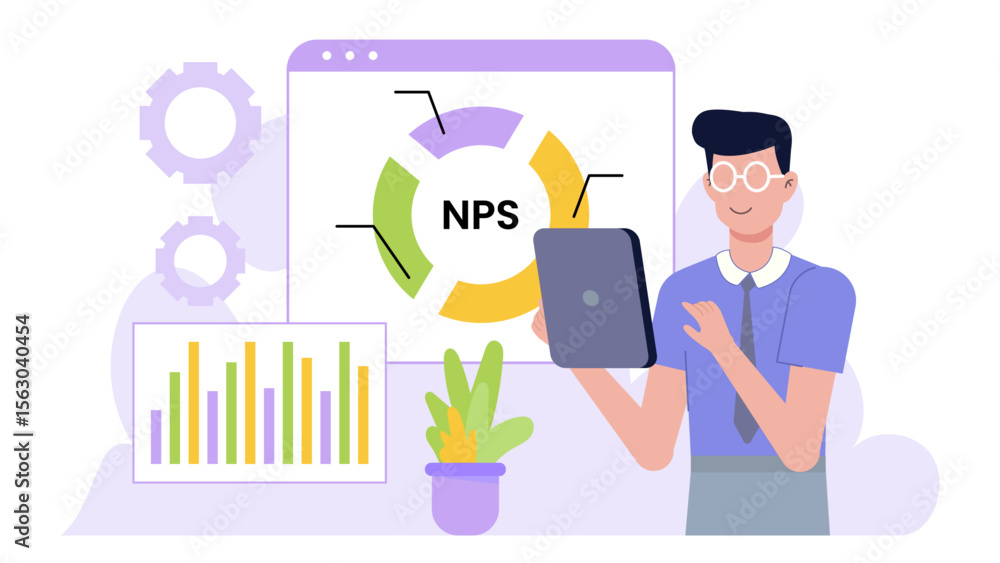 Poster man analyzing nps data on tablet with charts and graphs. suitable for business analytics, reviewing 