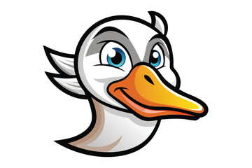 A cartoon goose head smiles with an orange beak and bright blue eyes