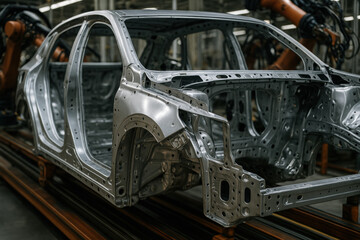 Obraz premium Steel car body frame on automated assembly line in modern factory with robotic arms for precision manufacturing and construction