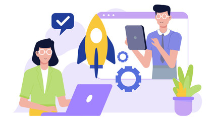 Two people working together on a project, sharing ideas and designs, showing teamwork, success, partnership. Suitable for business presentations.