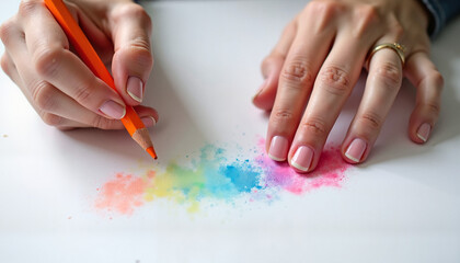 Hands creating colorful art with colored pencil on white paper
