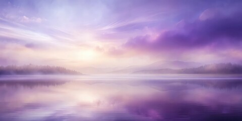 Serene Lavender Sunrise Over Misty Lake and Distant Mountains Reflecting in Still Water
