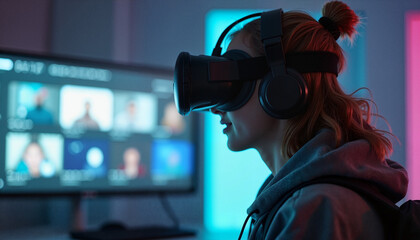 Woman experiencing virtual reality with headset in modern space  
