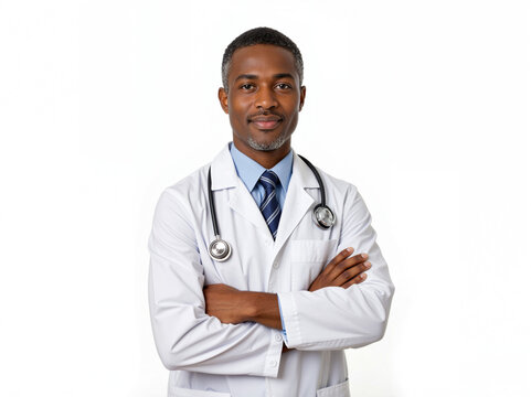 isolated white background Confident black male doctor wearing lab coat and stethoscope - Powered by Adobe