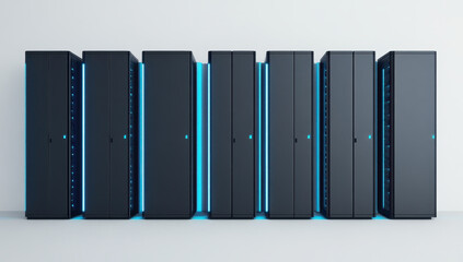 Black server cabinets illuminated with blue lights in a modern data center