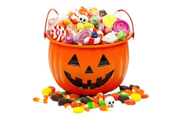 Full halloween pumpkin bucket overflowing with assorted candies isolated on white background