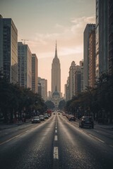 Obraz premium A long avenue stretching into the distance, lined with skyscrapers under a soft, golden sky.