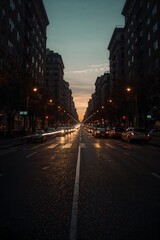 A long exposure shot of a city street during golden hour, emphasizing light trails (subtle).
