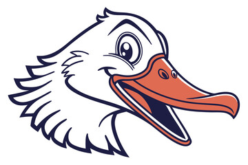 Cartoon goose head with orange beak shows a happy expression in white background