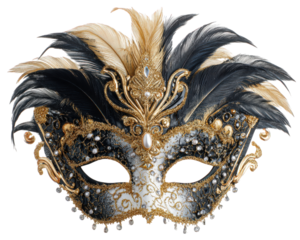 Elegant masquerade mask with gold black and cream feathers ornate gold detailing pearls and sparkling accents perfect for festive celebration or costume party exuding luxury and mystery
