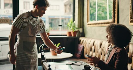 Cafe, waiter and payment service withPOS machine or phone for customer order, beverage or purchase. Woman, barista and man tap to pay with mobile smartphone for NFC, sale or checkout in coffee shop - Powered by Adobe
