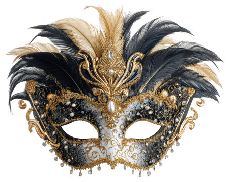 Elegant masquerade mask with gold black and cream feathers ornate gold detailing pearls and sparkling accents perfect for festive celebration or costume party exuding luxury and mystery