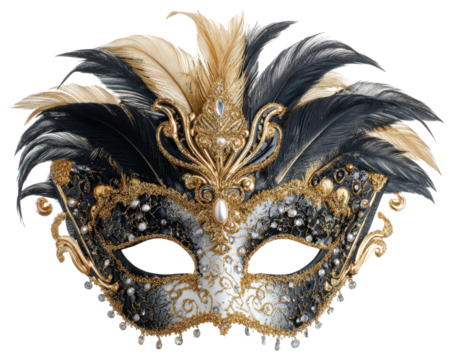 Elegant masquerade mask with gold black and cream feathers ornate gold detailing pearls and sparkling accents perfect for festive celebration or costume party exuding luxury and mystery