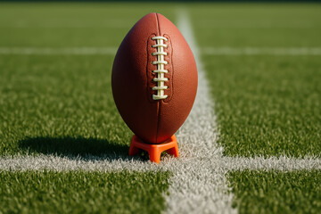 American football ball on kicking tee at field center, green artificial turf under sunlight, game preparation concept