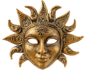 Sun mask gold metallic decorative face isolated on white, ornate festival mask with sun rays, ancient style, artistic and joyful expression, perfect for party or carnival themes