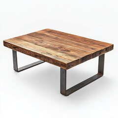 A rustic rectangular wooden table with thick planks and sturdy, dark metal legs on a white background.