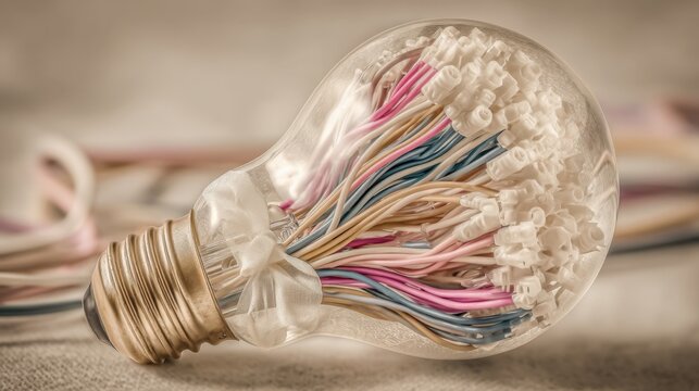 atomic habit Creative lightbulb filled with colorful fiber optic cables representing innovation and technology a workspace organized for deep focus