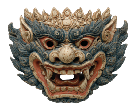 Traditional Thai giant mask with fierce expression, blue and beige color, intricate floral pattern, isolated on transparency background, cultural artifact, dramatic detail