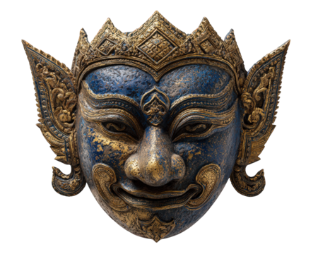 Thai giant mask blue and gold traditional ornate cultural isolated transparency background decorative mythological ceremonial detailed craftsmanship evokes mystery and reverence