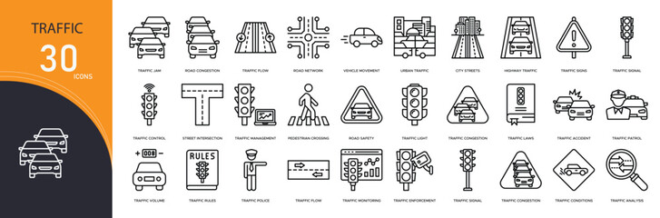 Traffic related icon collections. Containing signal, light, car, road, sign, congestion, lane, stop, speed, and vehicle icons. Outline icons.