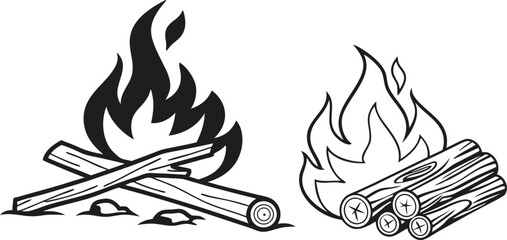 Campfire Flames with Burning Logs,Minimalist Line Art,Camp fire silhouette and vector,Simple icon of a campfire with burning logs,wood burning or fire,campfire icon,bonfire flat vector icon,flames,Ai
