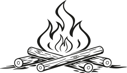 Campfire Flames with Burning Logs,Minimalist Line Art,Camp fire silhouette and vector,Simple icon of a campfire with burning logs,wood burning or fire,campfire icon,bonfire flat vector icon,flames,Ai