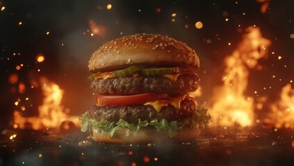 Delicious double burger on dark surface with fire background