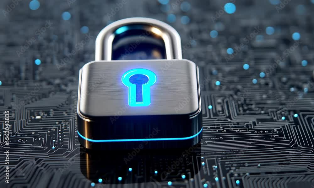 Poster a digital padlock on a circuit board representing cybersecurity and data protection in the modern di