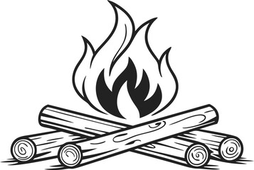 Campfire Flames with Burning Logs,Minimalist Line Art,Camp fire silhouette and vector,Simple icon of a campfire with burning logs,wood burning or fire,campfire icon,bonfire flat vector icon,flames,Ai