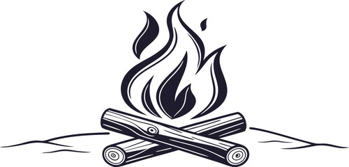 Campfire Flames with Burning Logs,Minimalist Line Art,Camp fire silhouette and vector,Simple icon of a campfire with burning logs,wood burning or fire,campfire icon,bonfire flat vector icon,flames,Ai