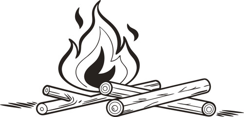 Campfire Flames with Burning Logs,Minimalist Line Art,Camp fire silhouette and vector,Simple icon of a campfire with burning logs,wood burning or fire,campfire icon,bonfire flat vector icon,flames,Ai