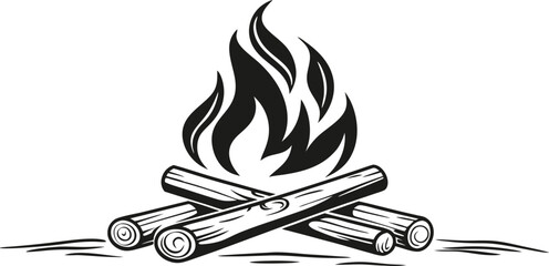Campfire Flames with Burning Logs,Minimalist Line Art,Camp fire silhouette and vector,Simple icon of a campfire with burning logs,wood burning or fire,campfire icon,bonfire flat vector icon,flames,Ai