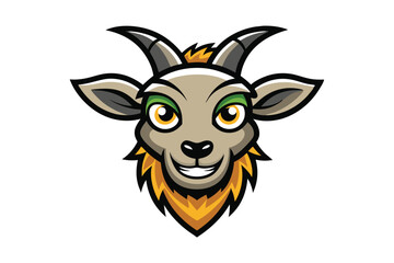 Cartoon goat with yellow eyes and horns is smiling on a white background